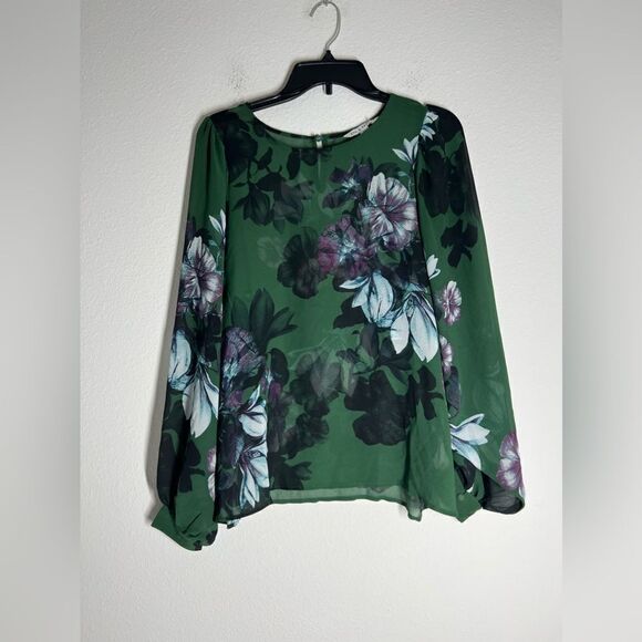 Zac and Rachel Bohemian Green Purple Blue Floral Sheer Top Size S Cuffed sleeve - Picture 3 of 14